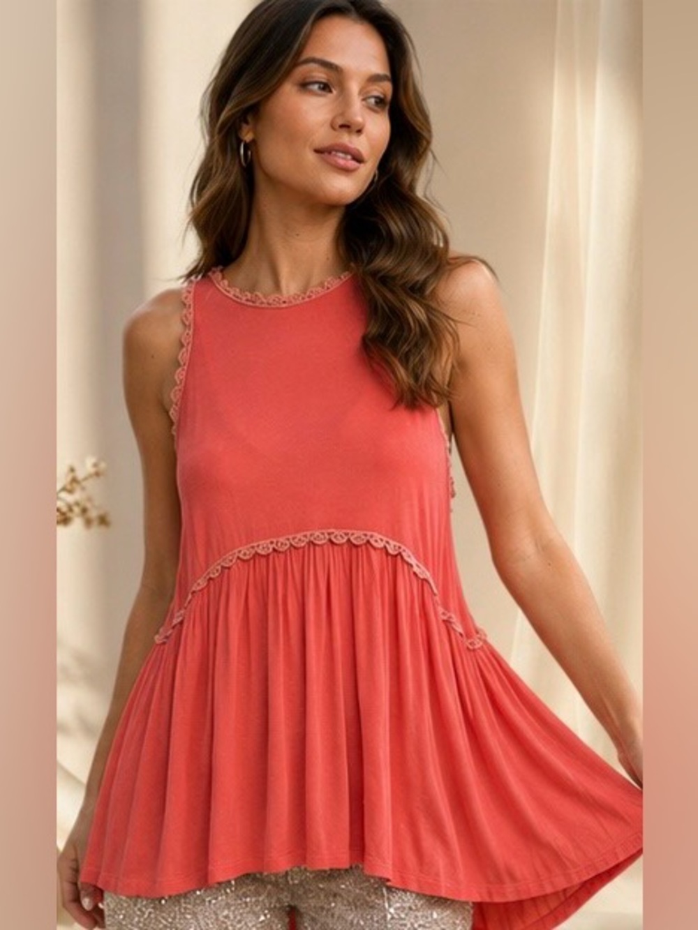 POL Coral Babydoll Top Flowy Silhouette Sleeveless Tank Top
